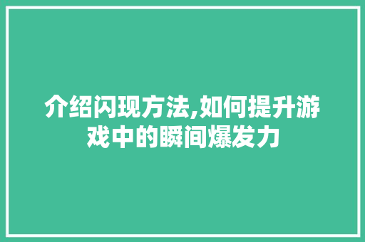 介绍闪现方法,如何提升游戏中的瞬间爆发力