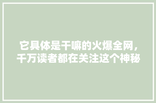 它具体是干嘛的火爆全网，千万读者都在关注这个神秘领域！