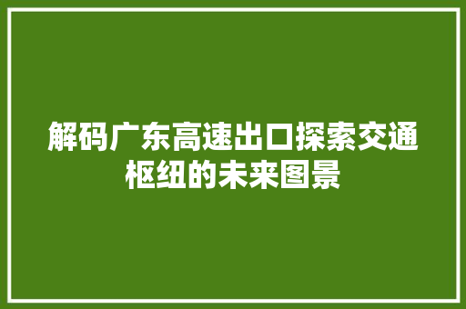 解码广东高速出口探索交通枢纽的未来图景 头条优化
