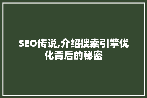 SEO传说,介绍搜索引擎优化背后的秘密 seo技术