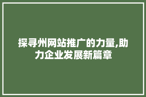 探寻州网站推广的力量,助力企业发展新篇章 小程序开发