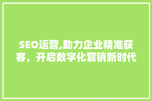 SEO运营,助力企业精准获客，开启数字化营销新时代