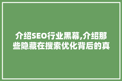 介绍SEO行业黑幕,介绍那些隐藏在搜索优化背后的真相 360搜优化