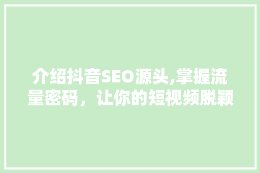 介绍抖音SEO源头,掌握流量密码，让你的短视频脱颖而出