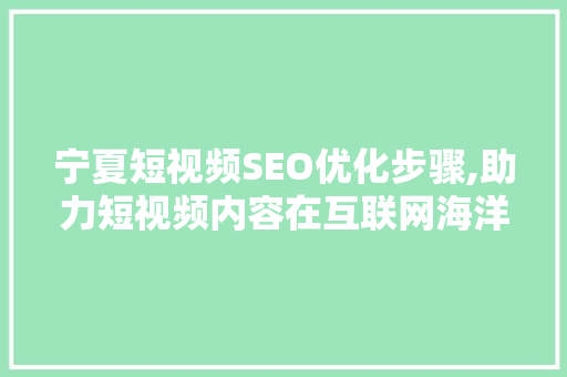 宁夏短视频SEO优化步骤,助力短视频内容在互联网海洋中脱颖而出