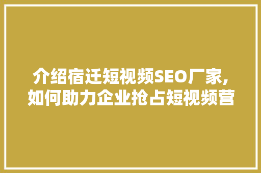 介绍宿迁短视频SEO厂家,如何助力企业抢占短视频营销高地