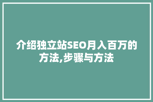 介绍独立站SEO月入百万的方法,步骤与方法 搜狗优化