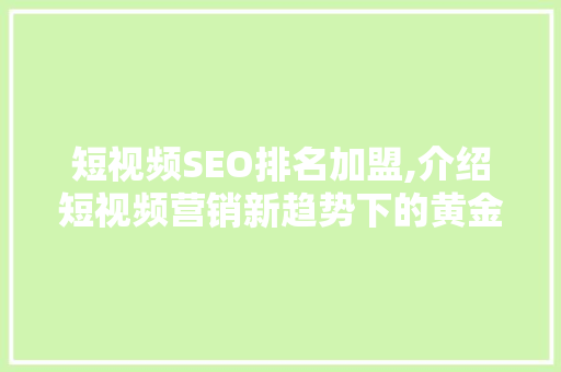 短视频SEO排名加盟,介绍短视频营销新趋势下的黄金机遇 头条优化