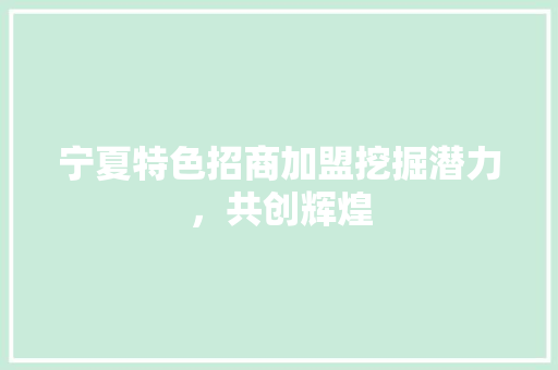 宁夏特色招商加盟挖掘潜力，共创辉煌