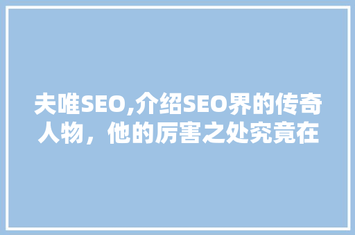 夫唯SEO,介绍SEO界的传奇人物，他的厉害之处究竟在哪里 百度算法