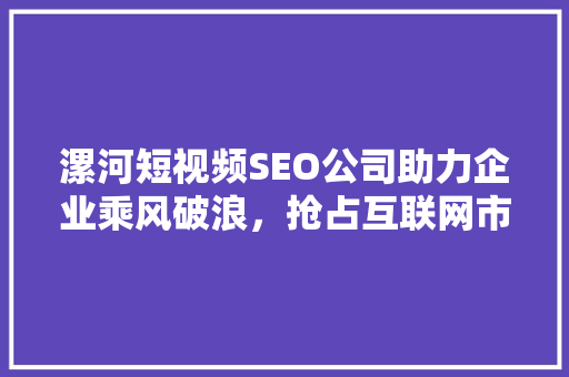 漯河短视频SEO公司助力企业乘风破浪，抢占互联网市场先机 小程序开发