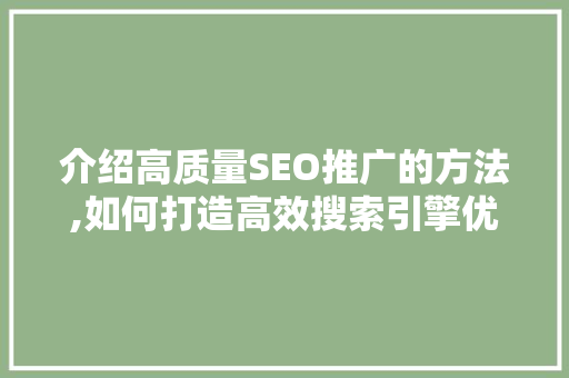 介绍高质量SEO推广的方法,如何打造高效搜索引擎优化步骤 小程序开发