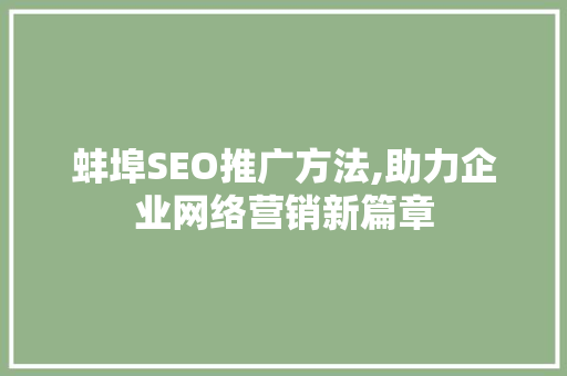 蚌埠SEO推广方法,助力企业网络营销新篇章