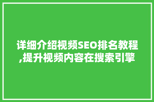 详细介绍视频SEO排名教程,提升视频内容在搜索引擎中的曝光率