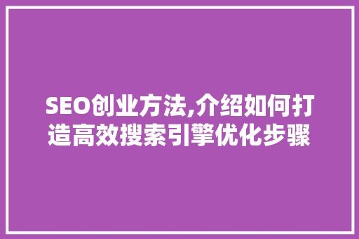 SEO创业方法,介绍如何打造高效搜索引擎优化步骤