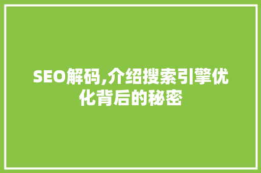 SEO解码,介绍搜索引擎优化背后的秘密 SEO解码,介绍搜索引擎优化背后的秘密 网站开发