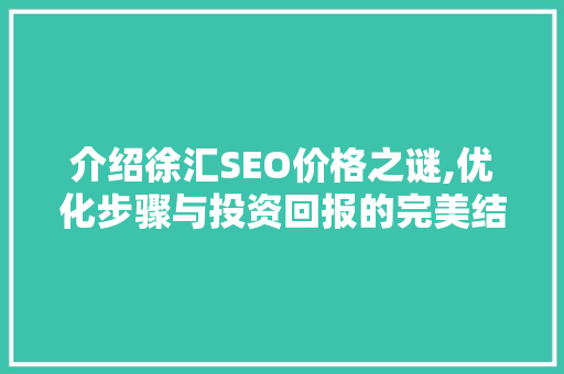 介绍徐汇SEO价格之谜,优化步骤与投资回报的完美结合 介绍徐汇SEO价格之谜,优化步骤与投资回报的完美结合 网站优化
