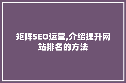 矩阵SEO运营,介绍提升网站排名的方法 矩阵SEO运营,介绍提升网站排名的方法 搜狗优化
