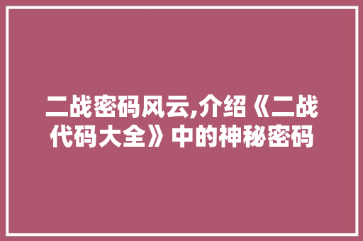 二战密码风云,介绍《二战代码大全》中的神秘密码 二战密码风云,介绍《二战代码大全》中的神秘密码 网站优化